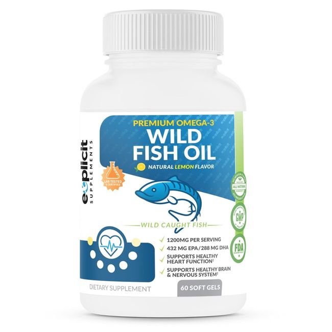 Wild Fish Oil Omega 3 - EPA/DHA - Burpless, Lemon Flavored - 1200mg/60 Serv.