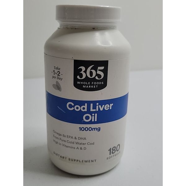 365 Whole Foods Market Cod Liver Oil 1000 Mg, 180 Soft Gels EXP 08/26 Free Ship