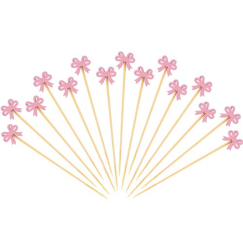 200pcs Pink Bow Cocktail Picks, 4.92in Cute Toothpicks Wooden Food Swizzle Sticks Bowknot Cocktail Topper Stirrers Decorative Appetizer Skewers for Drink Dessert Wedding Birthday Party Supplies