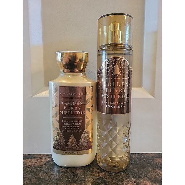 2 ( Two) Items Set: " GOLDEN BERRY MISLETOE" Bath Body Works Body Lotion & Mist