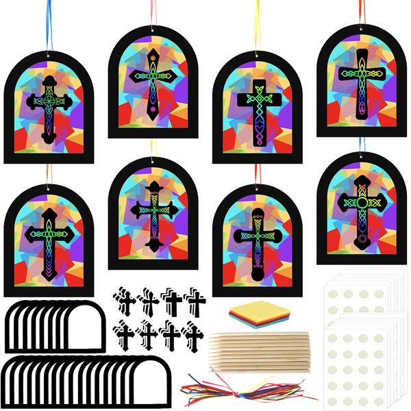 24 Sets Religious Cross Crafts, Scratch Religious DIY Crafts Kit with Rainbow Color Tissue Paper Craft Kit DIY Christian Crafts Resurrection Church Craft Ornaments Jesus Sunday School Craft for Kids