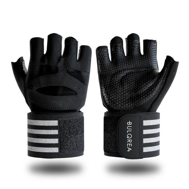 BULQREA (M) Training Gloves, Extra Long Wrist Wraps with 50% Longer Length, Blister Prevention, 3-Layer Structure, Honeycomb, Breathable, Mesh, Washable, Silicone, Muscle Training Gloves, Gym Gloves,