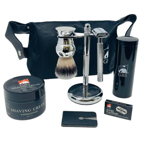 G.B.S Travel Shaving Kit- Steel Razor and Brush Stand, Chrome Double Edge Safety Razor + Leather Head Sleeve, Shave Brush + Travel Tube, Sandalwood Shaving Cream and Men's Toiletry Bag with Handles