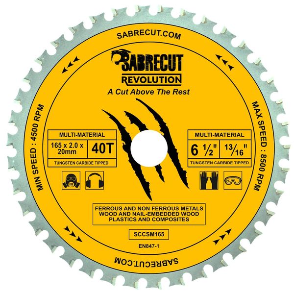 SabreCut 165mm 40T Circular Saw Blade, SCCSM165_40 - Premium Steel, Heat Treated, Compatible with Bosch, Dewalt, Makita, Milwaukee and Many Others