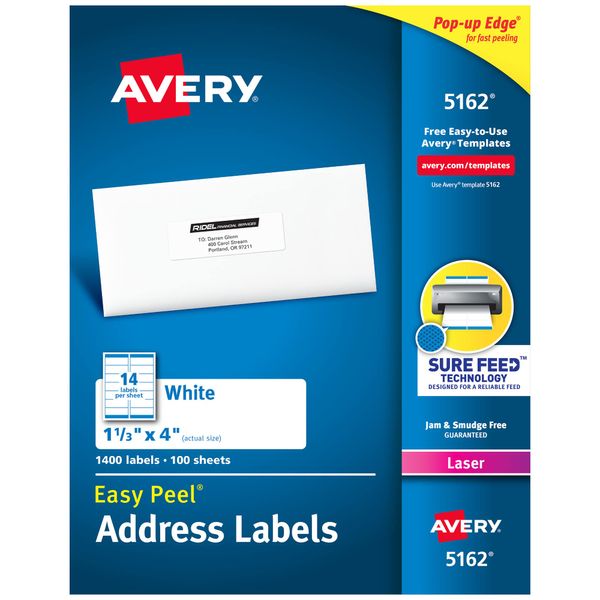 Avery Easy Peel Printable Address Labels with Sure Feed, 1-1/3" x 4", White, 1,400 Blank Mailing Labels for Laser Printers (5162)