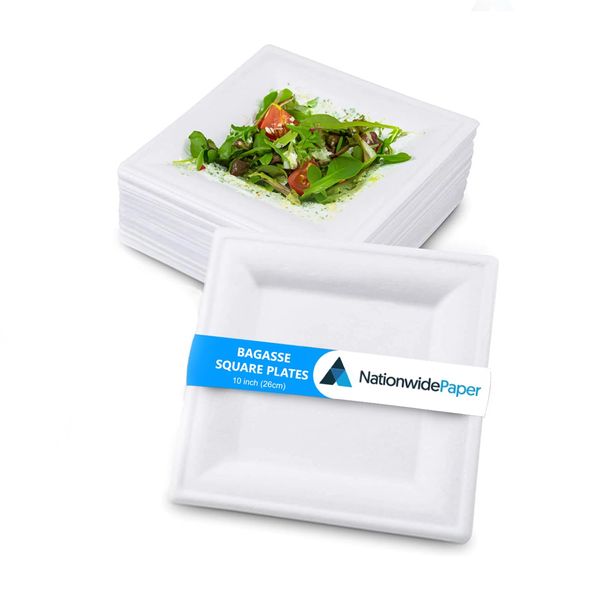 NationwidePaper 10 Inch Biodegradable Square Paper Plates, Bagasse White Disposable Plates, Strong Party Plates (50 Pcs)