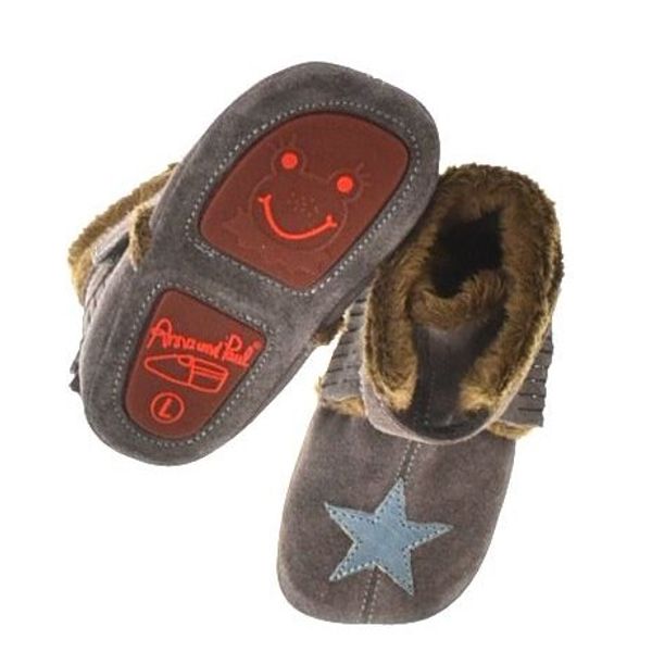Anna und Paul Krabbelschuhe Indian Star gefüttert - Grau mit Stern Blau - Gummisohle - (S - 18-19 - ca. 12 cm - 6-11 Monate)
