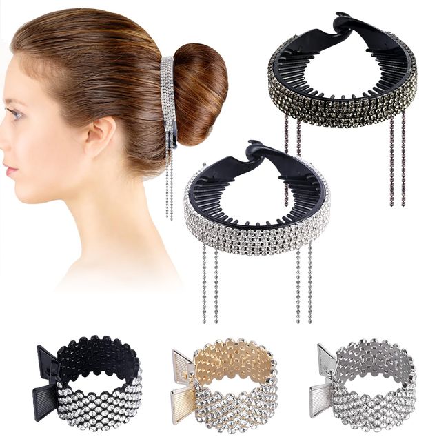 Abnaok 2PCS Rhinestone Hair Bun Cover with 3PCS Rhinestone Shark Hair Clips for Women Thick Long Hair, Small Hair Claw Clips for High Ponytail Hair Bun Accessories