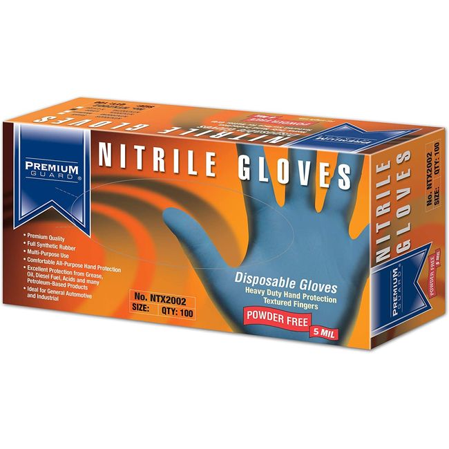 Premium Guard - Nitrile Gloves - Disposable, Powder Free, Latex Rubber Free, 5 mil, Blue Nitrile Gloves, 100 gloves per Box, Size - Large