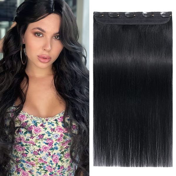 Benehair Clip in Human Hair Extensions, Natural Real Hair Clip in, 18Inches 50g Hair Extensions Clip In, One Piece 5 Clips Human Hair Extension with Clip for Women Jet Black #1