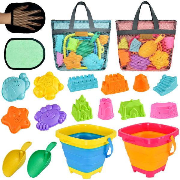 Aclarastra Collapsible Beach Sand Toys for Kids - Travel Beach Toys with 2 Collapsible Beach Buckets, Mesh Bags, Sand Castle Molds, Sand Bucket Shovel Set Sandbox Toy for Kid Toddler 3-5-7