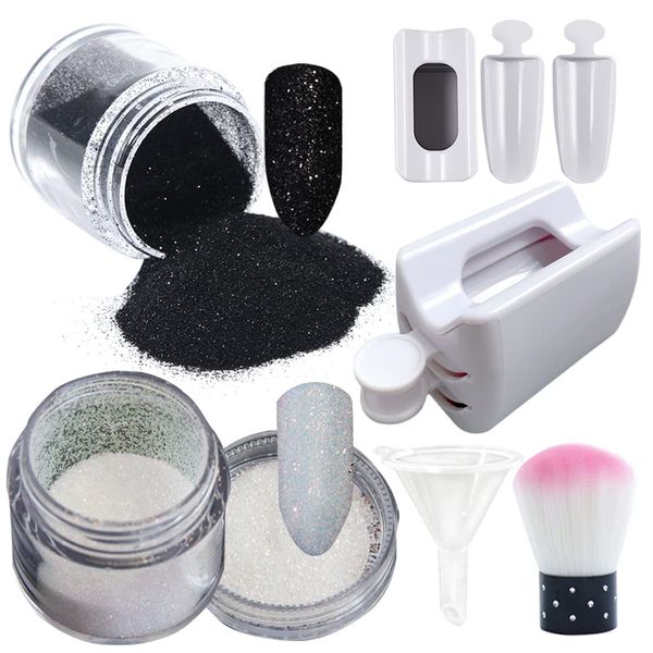 2 Boxes Holographic Nail Glitter Powder White Black Shining Sugar,1 Pieces Dip Powder Recycling Tray System Dip Case,1PCS Soft Nail Art Powder Brush Funnel,Nails Art Decoration DIY Crafts