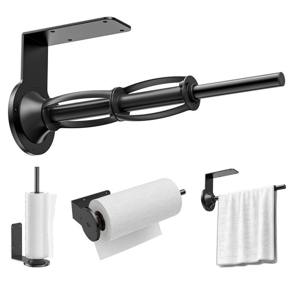 Kitchen Roll Holder Under Cabinet, Wall Mounted Kitchen Roll Holder with Two Fixing Tubes Damping Effect - Drilling or Adhesive Kitchen Roll Dispenser for Kitchen Bathroom Countertop (Black)