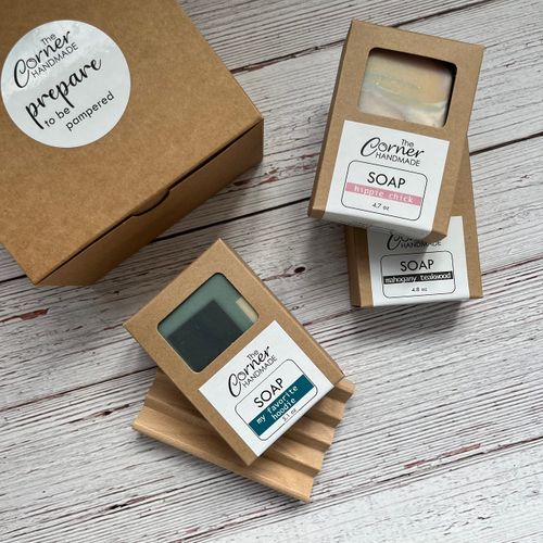 Soap Dish Gift Set, 3 Hand Crafted Soaps and Wood Soap Dish Gift Box, Holiday Present