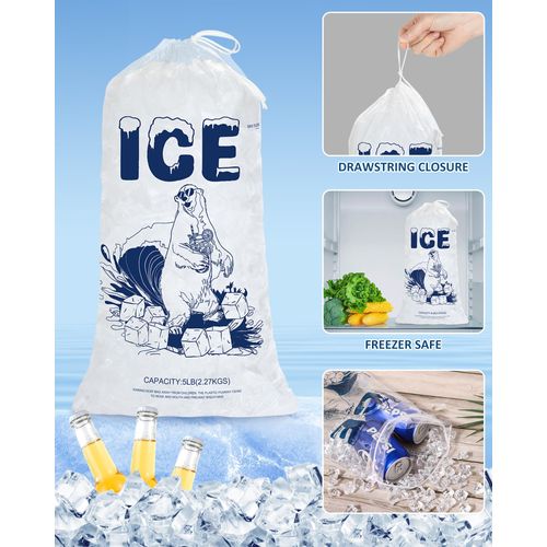 5lb Ice Bags with Drawstring – 50 Pack Reusable Heavy-Duty Plastic Ice Cube Bags for Freezer, Ice Maker, Coolers, Camping, Storage, Leak-Resistant & Food Safe