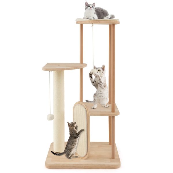 Wooden Cat Tree w/ Sisal Scratch Board & Post Padded Perch Hanging Toys Modern