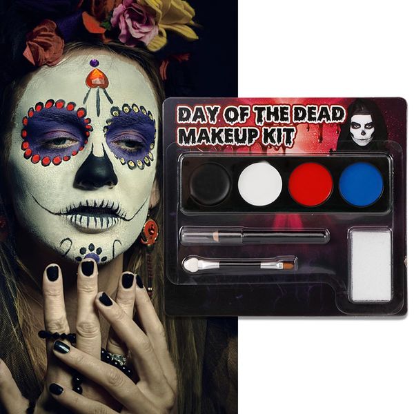 4 Colors Face Painting Kit, White + Black + Red + Blue Face Paint Body Makeup Kit for Halloween SFX Makeup, White Black Halloween Makeup Paltte with Brushes for Skull Clown Art Theater (02)