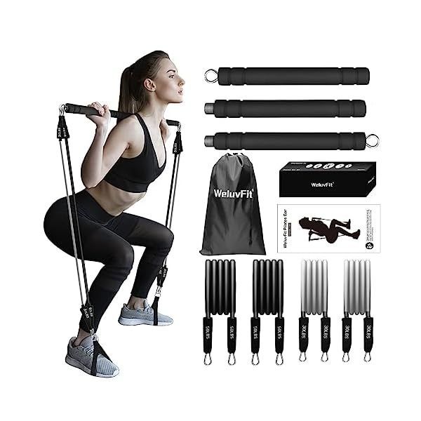 Pilates Bar Kit with Resistance Bands WeluvFit Workout Fitness Equipment for Women & Men Home Gym Full Body Shaping Stainless Steel Stick Squat Yoga Flex Band, Black