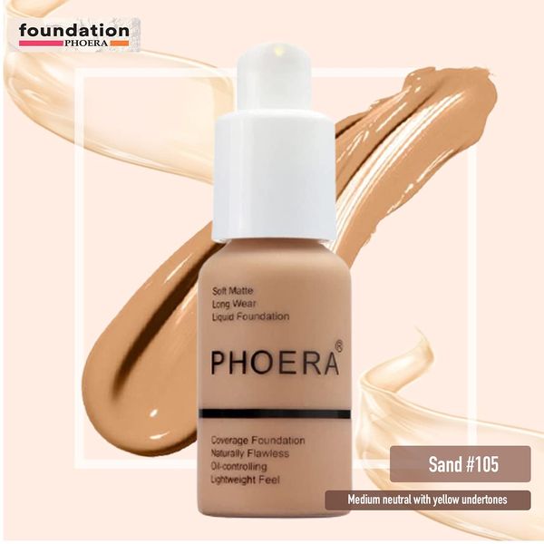 Phoera Foundation Full Coverage Makeup Set - Includes x2 Sand 30ml Matte Foundation, 6ml Face Primer & Liquid Foundation Brush for Easy Application