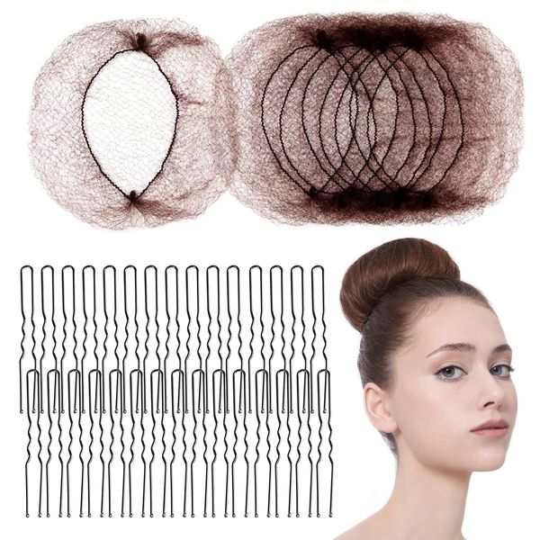 50 Pcs Hair Nets for Buns - 20 Inches Invisible Elastic Edge Mesh Bun Set with 40 Hair Bobby Pins, Hair Donuts for Bun, Hair Bun Maker for Ballet Dancer Kitchen Food Service, Women & Wig (Brown)