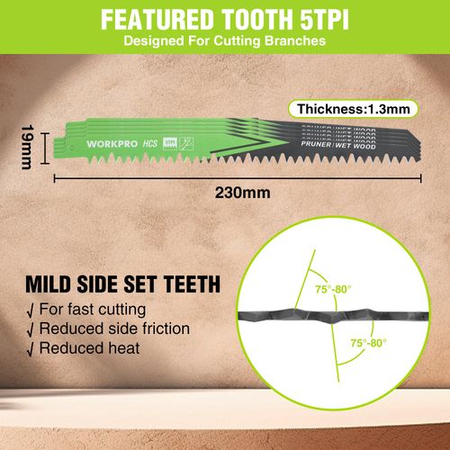 WORKPRO 5-Piece Reciprocating Saw Blades Set | Sabre Saw Blades for Cutting Branches | 230mm 5TPI Saw Blades Set with Plastic Storage Box | Compatible with Most Reciprocating Saw