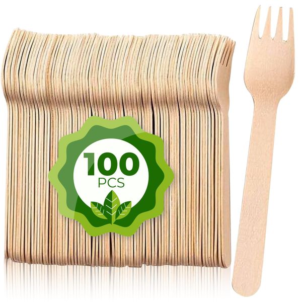 Sabco - 100pcs Premium Wooden Forks - Disposable Wooden Cutlery - Biodegradable Cutlery - Biodegradable Forks - Biodegradable Disposable Cutlery - Disposable Forks - Wooden Chip Forks