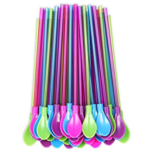 OKGD Set of 40 hard plastic Spoon Straws 9 Inch detachable straws kitchen utensil stirring spoon coffee spoon (4 Color)