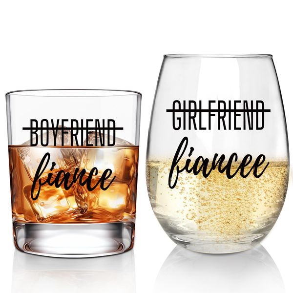 ONEHAUS Engagement Gifts for Couples-Boyfriend and Girlfriend Wine and Whiskey Glass Gift Set-Fiance Fiancee Gift for Him and Her, Mr and Mrs Bride and Groom to be