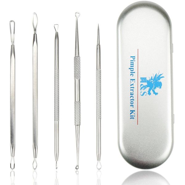 H&S Blackhead Remover Tool Kit - Comedone Extractor Tool Set - Stainless Steel - Pimple and Whitehead Removal - Acne Extraction Kit - Acne Extractor Remover Tool - Blackhead Set - Face Cleaner Tool