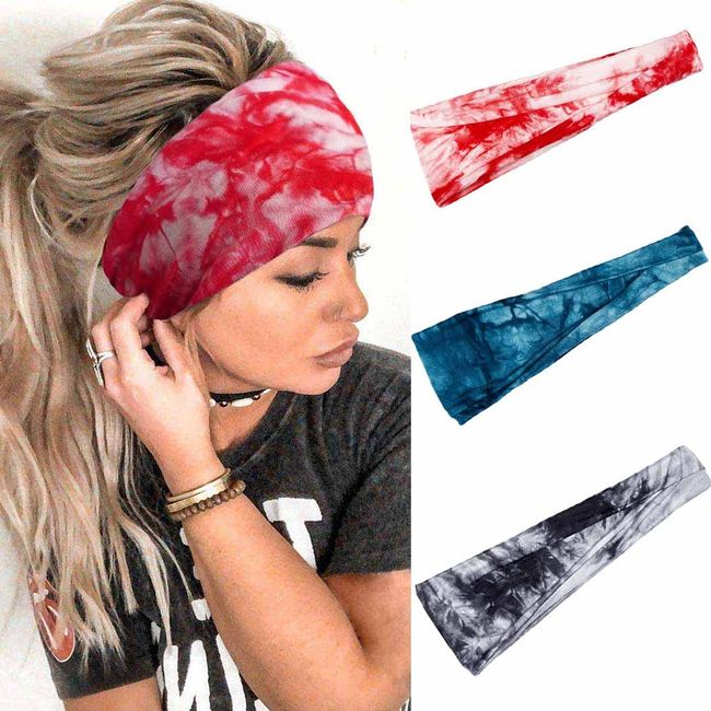 Fashband Boho Elastische Stirnbänder Breit Kopf Wrap Tie Dye Haarbänder für Frauen und Mädchen (3 Stück)