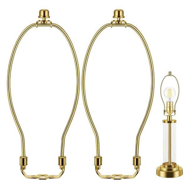 8 Inch 2 Set Brass Lamp Harp Holder with Lamp Finials and Standard Saddle Base Detachable Heavy Duty Metal Horn Frame Lampshade Bracket for Table and Floor Lamp