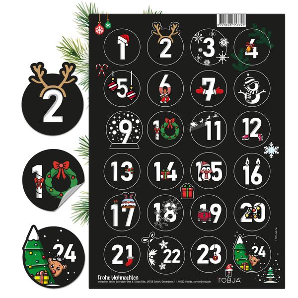 TOBJA Adventskalender Zahlen Aufkleber - 24 Sticker Zahlenaufkleber 1-24 Weihnachten | Einzigartige Adventsaufkleber für besondere Momente | Adventkalender Sticker (Schwarz-Bunt)