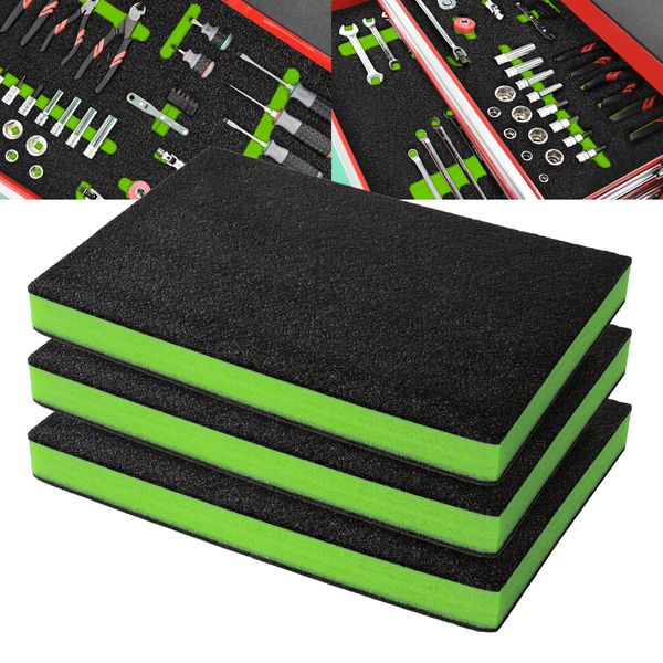 Precision Defined Tool Box Foam - Protective Inserts for Cases, Polyethylene Tool Foam for Cases, Cushion Insert for Toolboxes - Black/Green (45.7 x 30.4 x 5 cm, 3 pack)