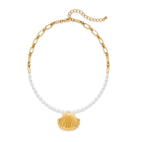 WOWORAMA Gold Pearl Shell Necklace for Women Dainty Scallop Shell Pendant Necklaces Adjustable Pearl Link Chain Choker Necklace Summer Beach Seashell Necklace Jewelry