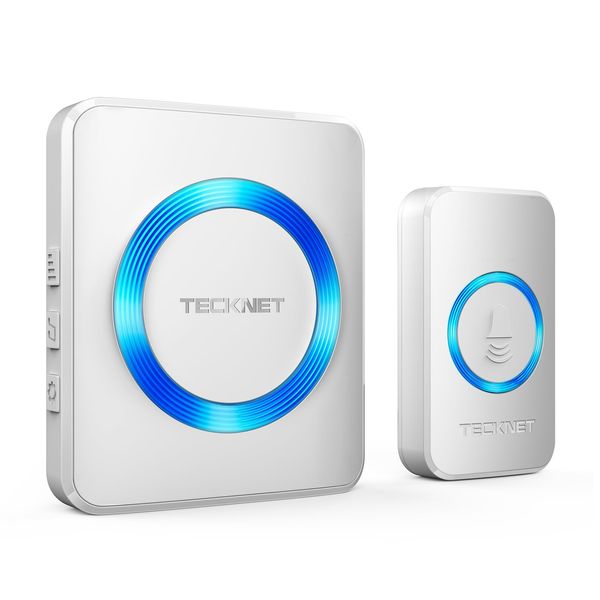 TECKNET Wireless Doorbell, IP65 Waterproof Wall Plug-in Cordless Door Chime Kit with 1300feet / 400m Range, 60 Chimes, 5-Level Volume & Blue Light, Best for Plug in Door Entry Bell