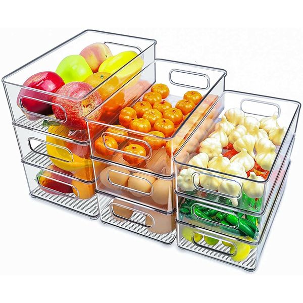 9 Pack 3 Sizes Stackable Clear Food Storage Bins Refrigerator, Pantry, Counters