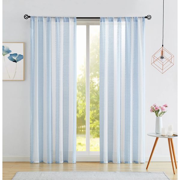 Fragrantex Vertical Striped Blue Curtains for Living Room 108 inches Light Blue and White Semi Sheer Extra Long Curtains for Bedroom Farmhouse Style Window Drapes Rod Pocket,38" Wx108 L