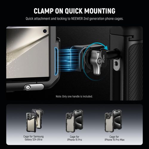 NEEWER PA045E Side Handle with Bluetooth Remote Shutter, Quick Release Clamp, Anti Off Cold Shoe for NEEWER 2nd Gen Phone Cage for 15 Pro/15 Pro Max/S24 Ultra, Silver Lock