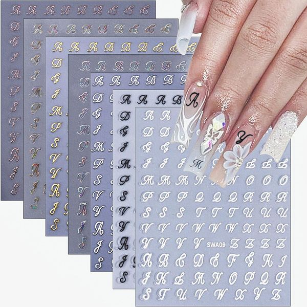 Retro Letters Nail Stickers for Nail Art 8Sheets Old English Letter Nail Design Decals Black White Laser Gold Silver Nail Supplies Self-Adhesive English Words Nail Art Stickers for Women DIY Manicure