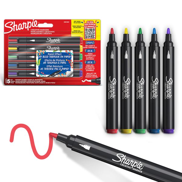 Sharpie Creative Marker Acrylic Paint Pens, Water-Based Paint Markers, No-Bleed Ink Writes on Most Surfaces, Bullet Tip, Assorted Colours, 5 Count