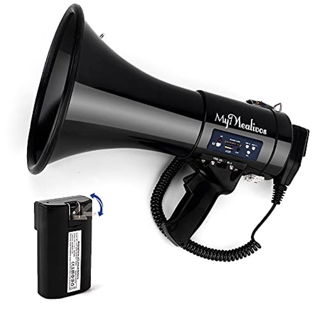 MyMealivos Megaphone with Siren Bullhorn 50 Watt - Bullhorn Speaker with Detachable Mic, Portable Lightweight Strap & 3.5mm Aux Input - Professional Outdoor Voice for Police & Cheerleading