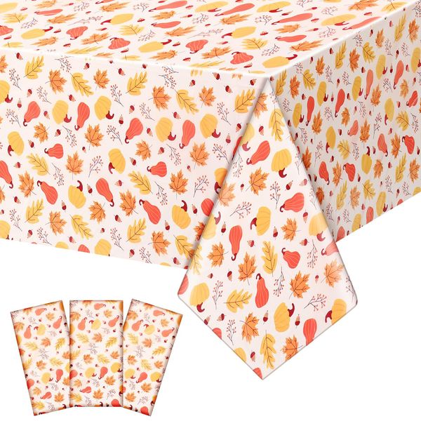 Newwiee 3 Pack Fall Tablecloths 108 x 54 Inch Thinksgiving Disposable Plastic Table Cover Autumn Waterproof Tablecloth for Halloween Thinksgiving Christmas Party Table Decor(Warm Style)