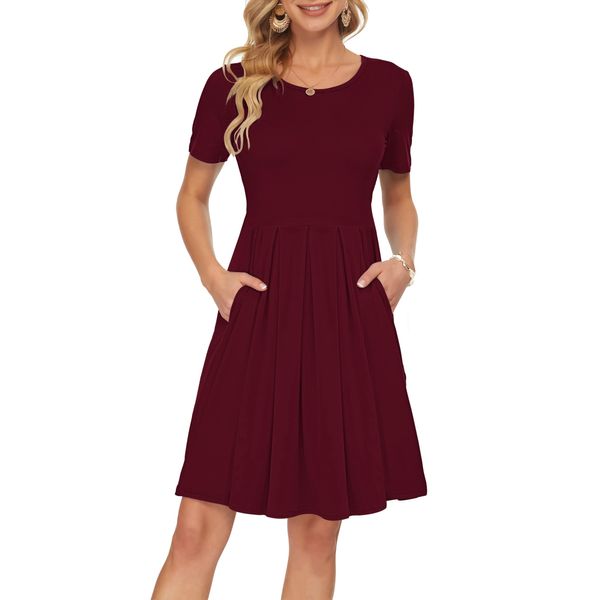 AUSELILY Ladies Summer Short Sleeve Pleated Loose Swing Casual Dress with Pockets Knee Length Wine Red L