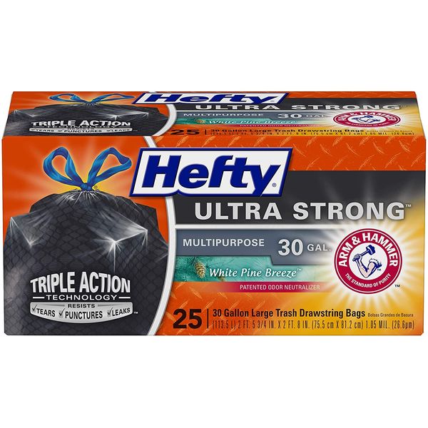 Hefty Ultra Strong Multipurpose Large Trash Bags, Black, White Pine Breeze Scent, 30 Gallon, 25 Count (Pack of 3)