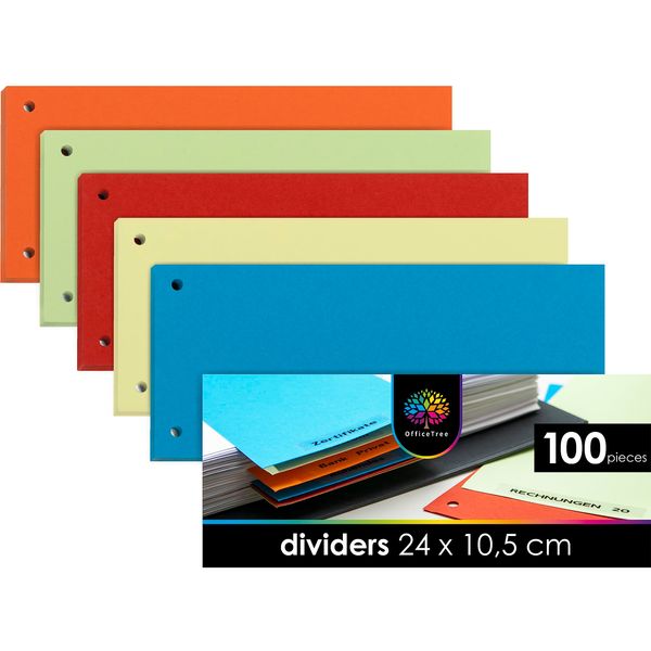 OfficeTree 100 x File Dividers A4 for Folders Colourful - Folder Dividers 180 g/m² Perforated - Perfect for A4 and A5 Folder Index DIN A4 - File Seperators -