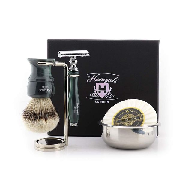 Haryali London Mens Shaving Set with Double Edge Safety Razor, Silvertip Badger Hair Shaving Brush, Stainless Steel Stand, Shaving Soap and Bowl Perfect Set for Men