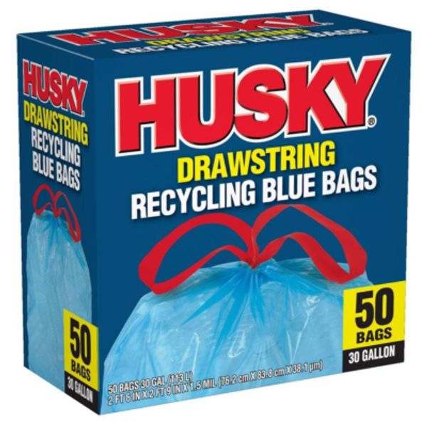 Husky Drawsting Blue Recycling Bag 30 gal Disposable Polyethylene Trash Bag 50Ct