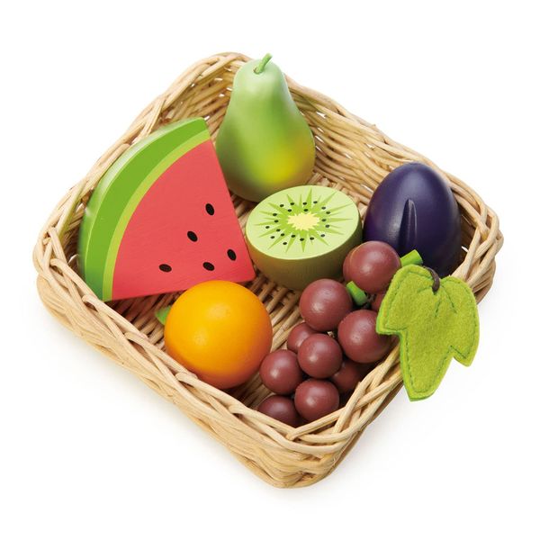 Tender Leaf Toys - Fruity Basket - 6 Pcs Solid Wood Fruits with Hand-Crafted Basket, Pretend Food Toy Playset Supermarket Shopping Game Play Kitchen Farmer's Market Accessories for Kids - Age 3+