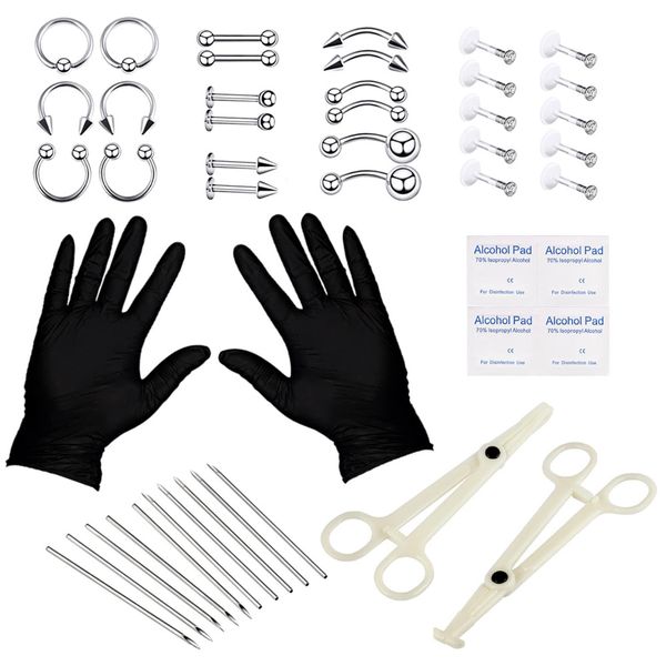 Stuppendux 52pcs Stainless Steel Body Piercing Kit Silver Set 14G 16G Belly Navel Nose Septum Tongue Eyebrow Nipple Lip Nose Chin Gauge Piercing Needles Tools Gloves Clamps