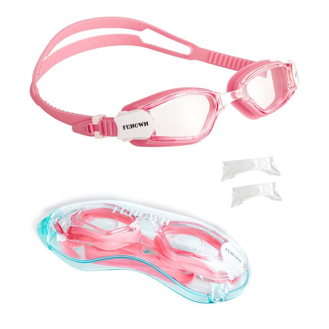 FUNOWN Schwimmbrille, Komfort Antibeschlag Professionelle Schwimmbrille für Männer Frauen Erwachsene Teenager Kinder ab 10 Jahren, UV-Schutz, Spiegel/Klare Linse, Verstellbarer Riemen (rosa)